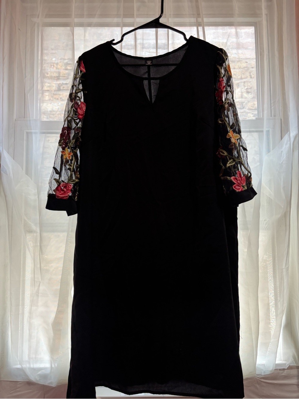 SHEIN Black Shift Dress with Floral Embroidered Mesh Sleeves